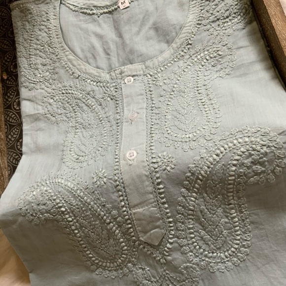 Tunic Woman’s Long Sleeve Hand Embroidered 100% Cotton Paisley Design Green blue - Picture 2 of 7